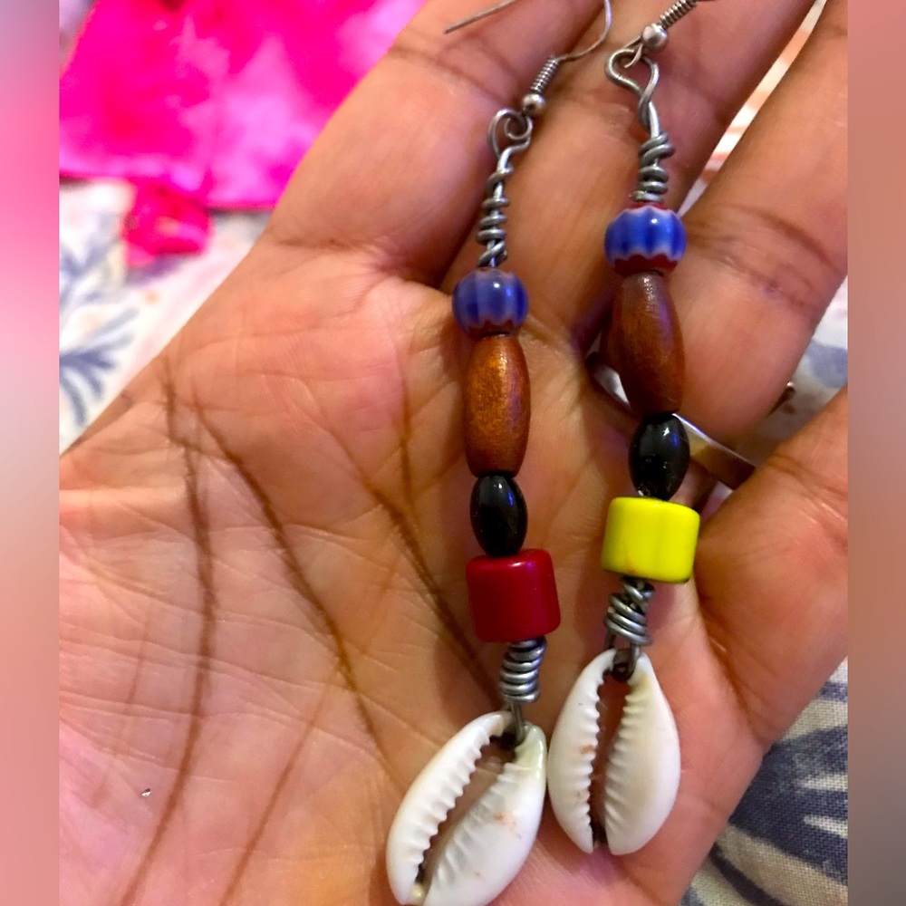 Handmade African cowrie shell, mixed media style drop dangle earrings,wirewrap
